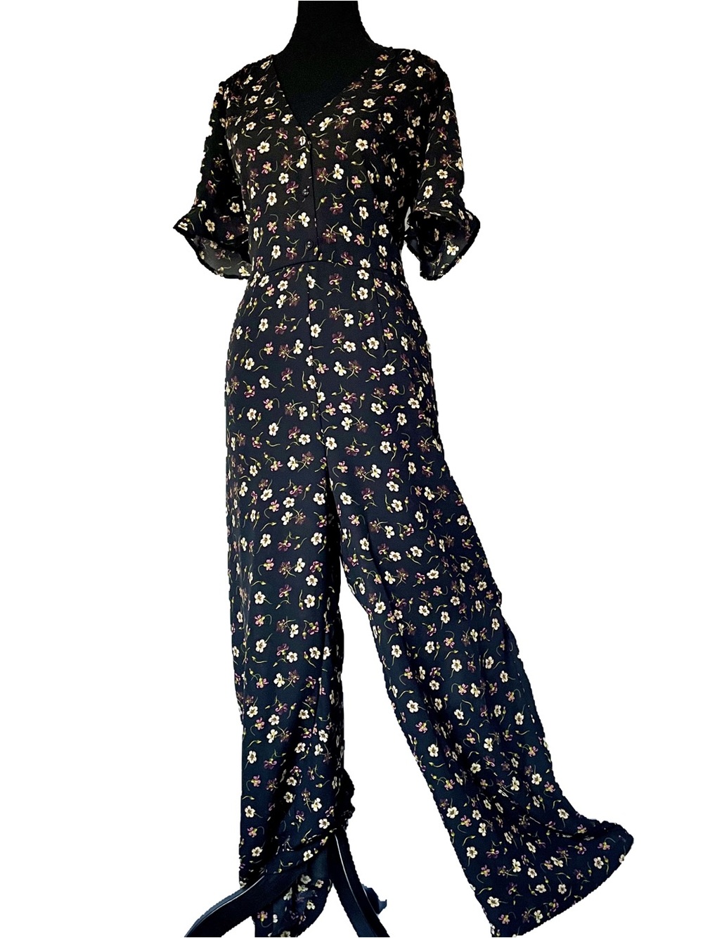 Wide-Leg Jumpsuit Full Length Black Floral Button Front Bodice Resortwear Sz Med